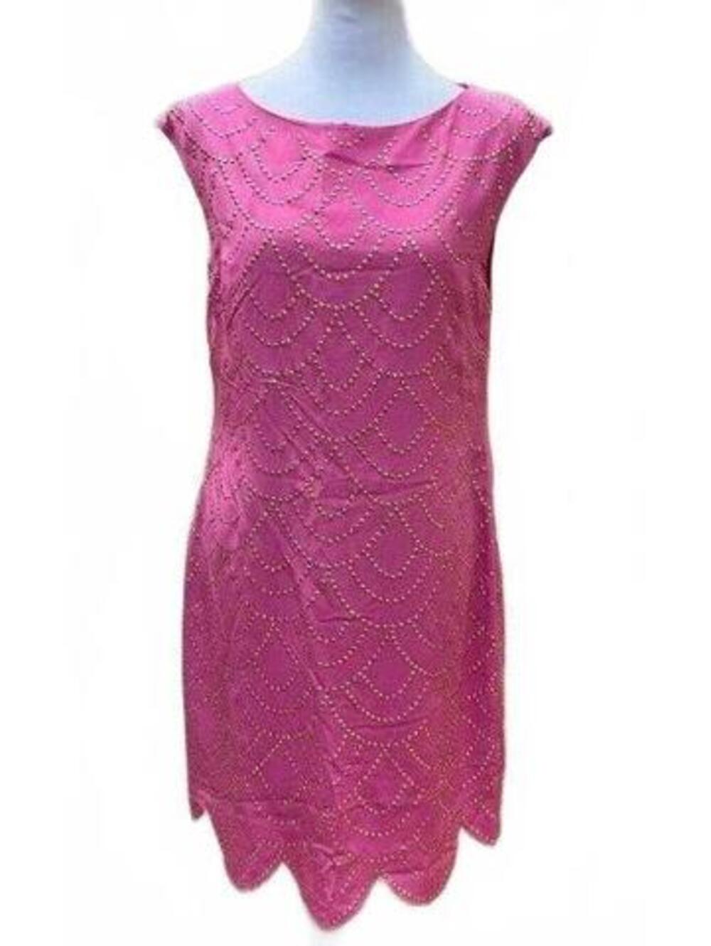 Trina Turk Pink Silk Rindra Studded Scalloped Shift Dress 6